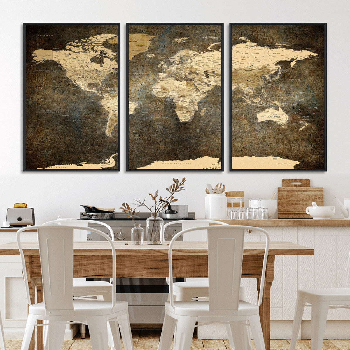 Large Framed Vintage World Map Wall Art Print for Home Wall