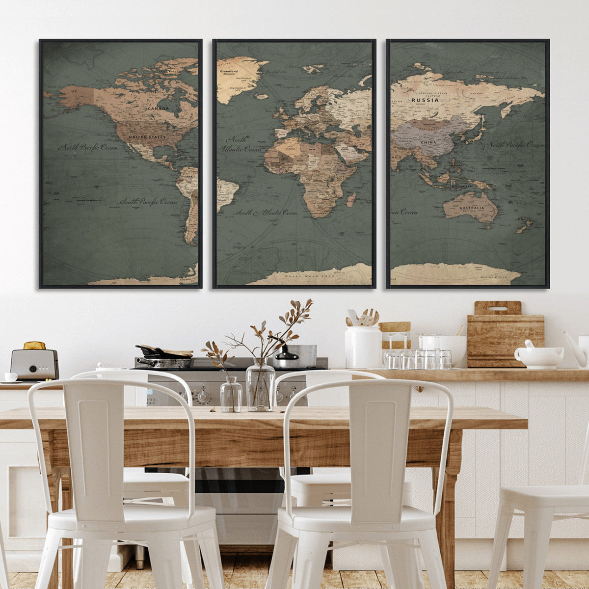 Rustic Black and Wood World Map Canvas Wall Art – Framed