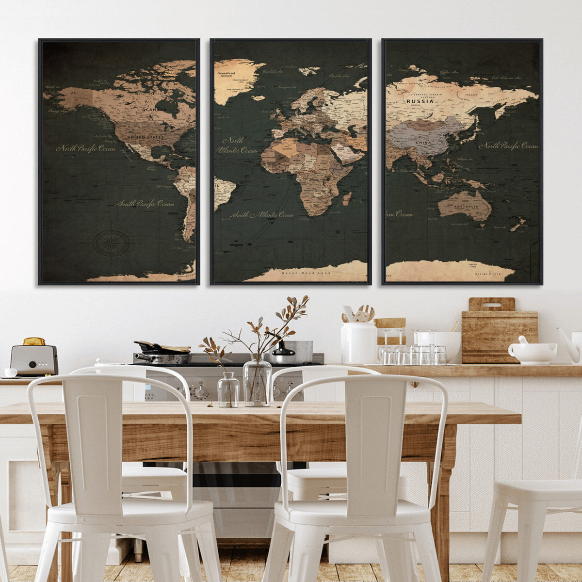 Vintage World Map Canvas Wall Art – Framed Travel Map for