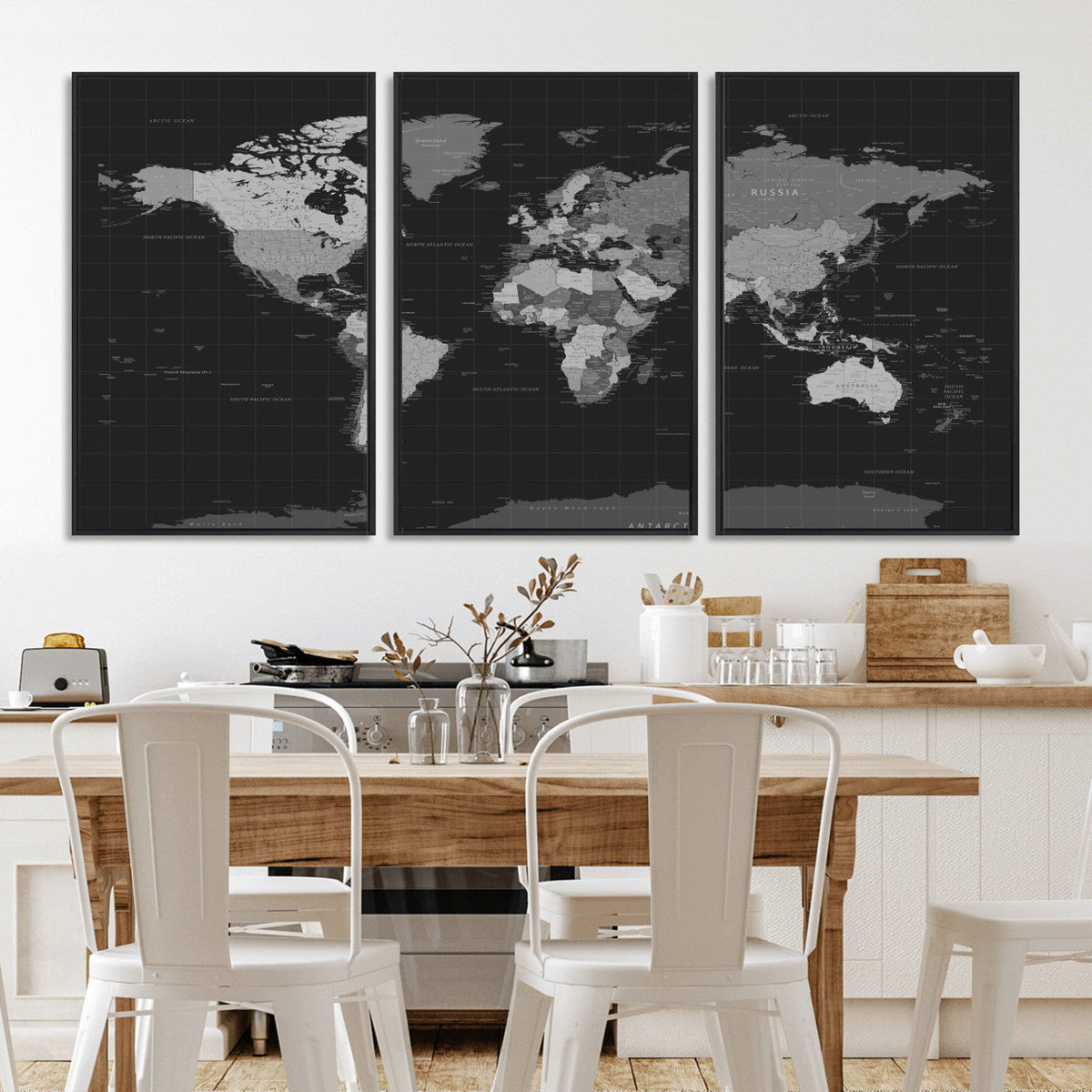 Black World Map Wall Art Canvas Print – Detailed Map of the