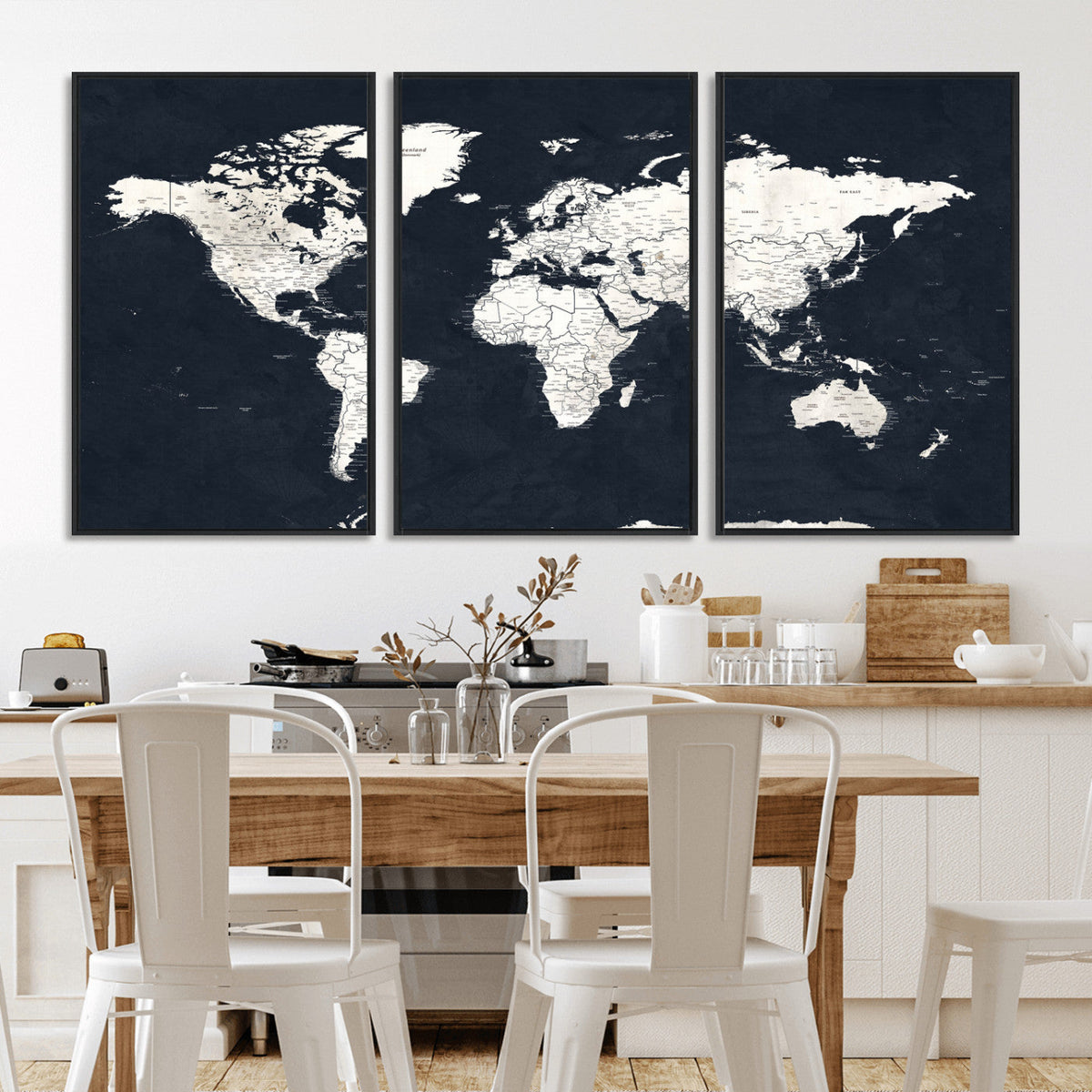 Black World Map Wall Art Canvas Print for Home Office and