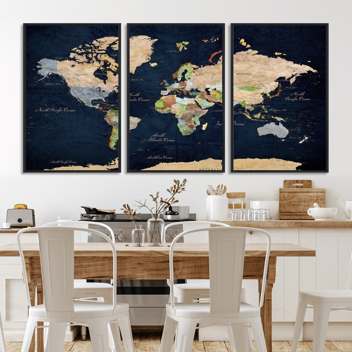 Minimalist World Map Canvas Wall Art - Watercolor Blue and