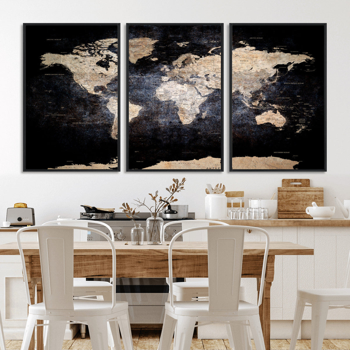 Grunge World Map Wall Art | 3-Panel Large Beige and Brown