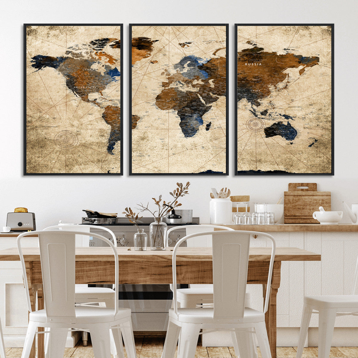 World Map Wall Art – Rustic Earth Tone Canvas Print, Antique