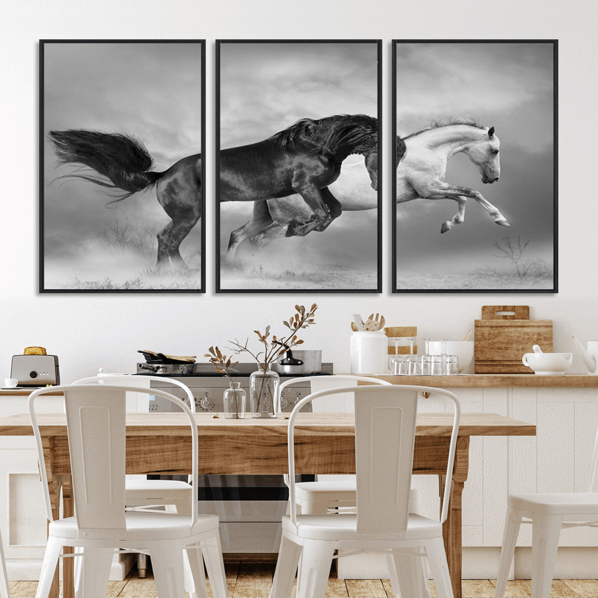 Wild Horses Wall Art Canvas Print – Framed Black and White