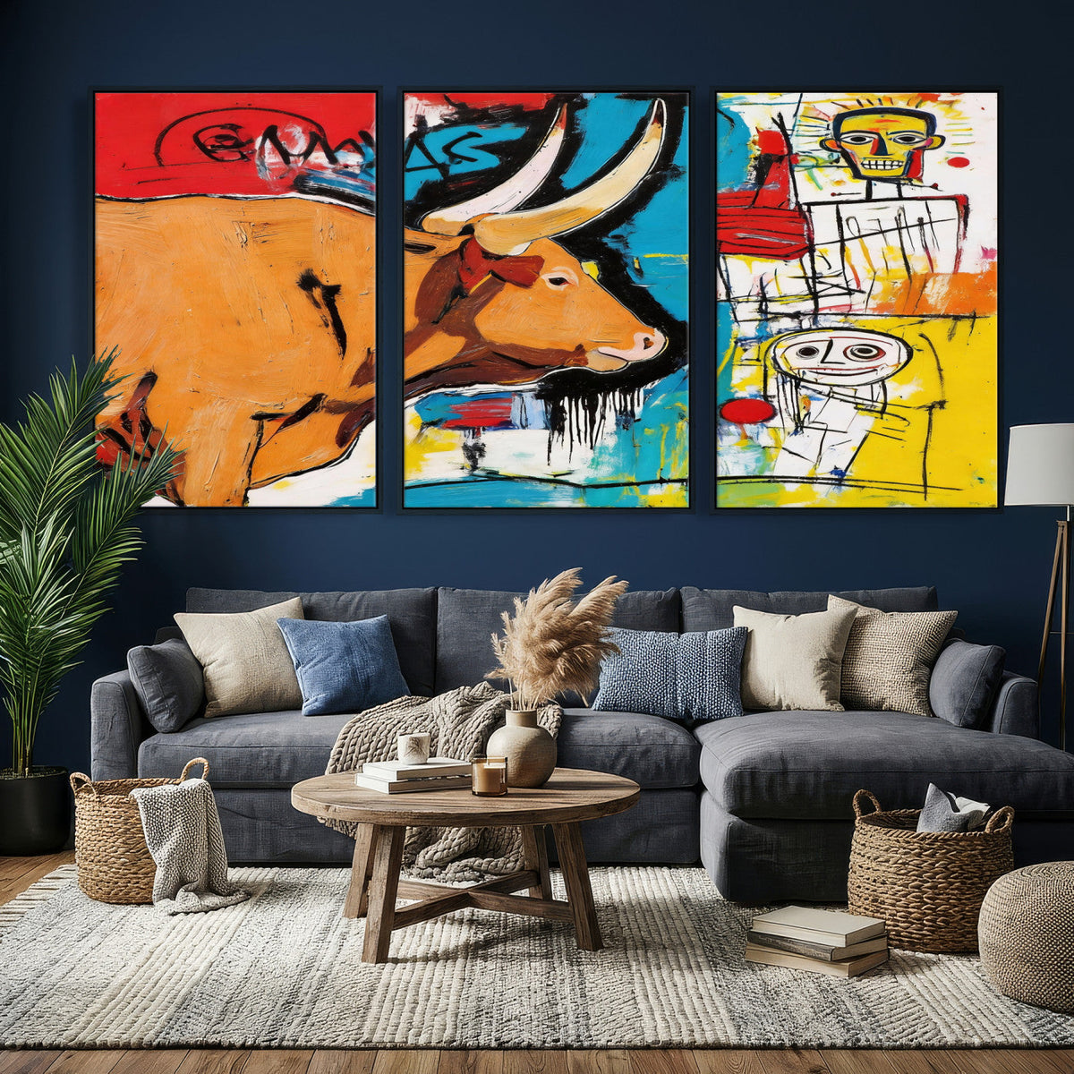 Basquiat Style Bull Graffiti Wall Art Canvas Print, Street