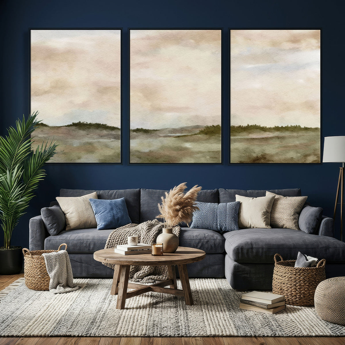 Muted Watercolor Hill Landscape Print — Beige Taupe Cloudy