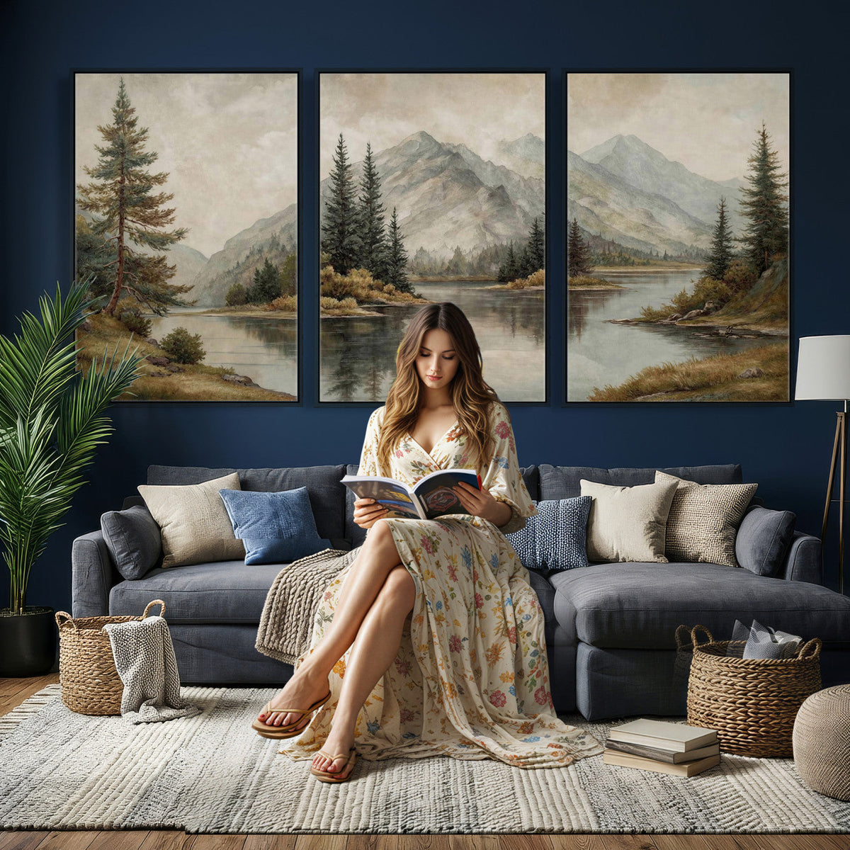 Vintage Mountain Landscape Wall Art Canvas Print Set, Rustic