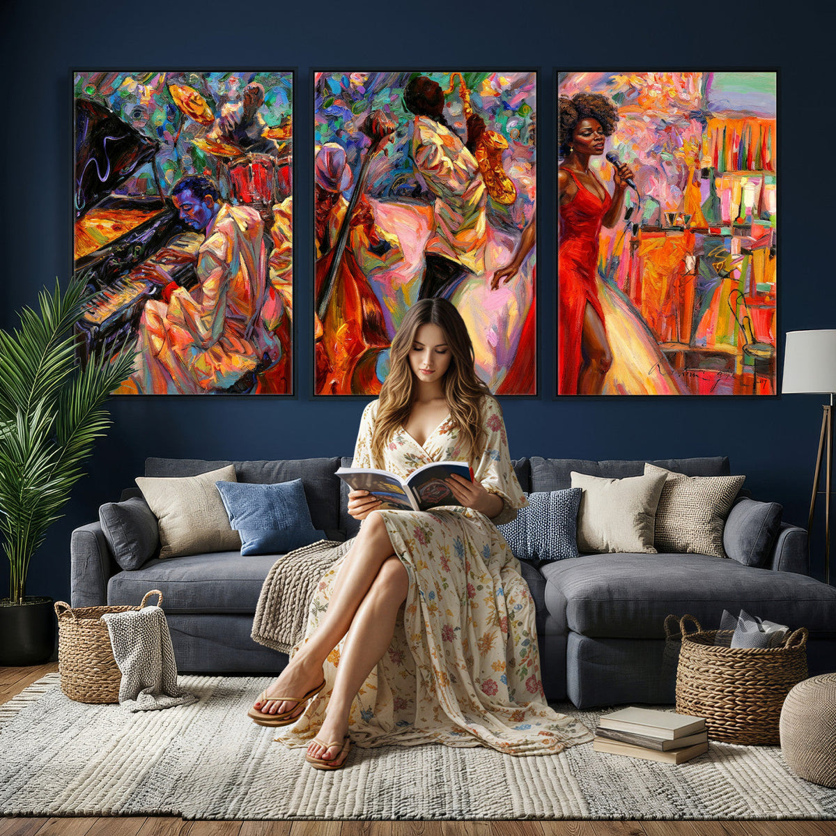 African American Jazz Singer Canvas Art — Red Dress Black