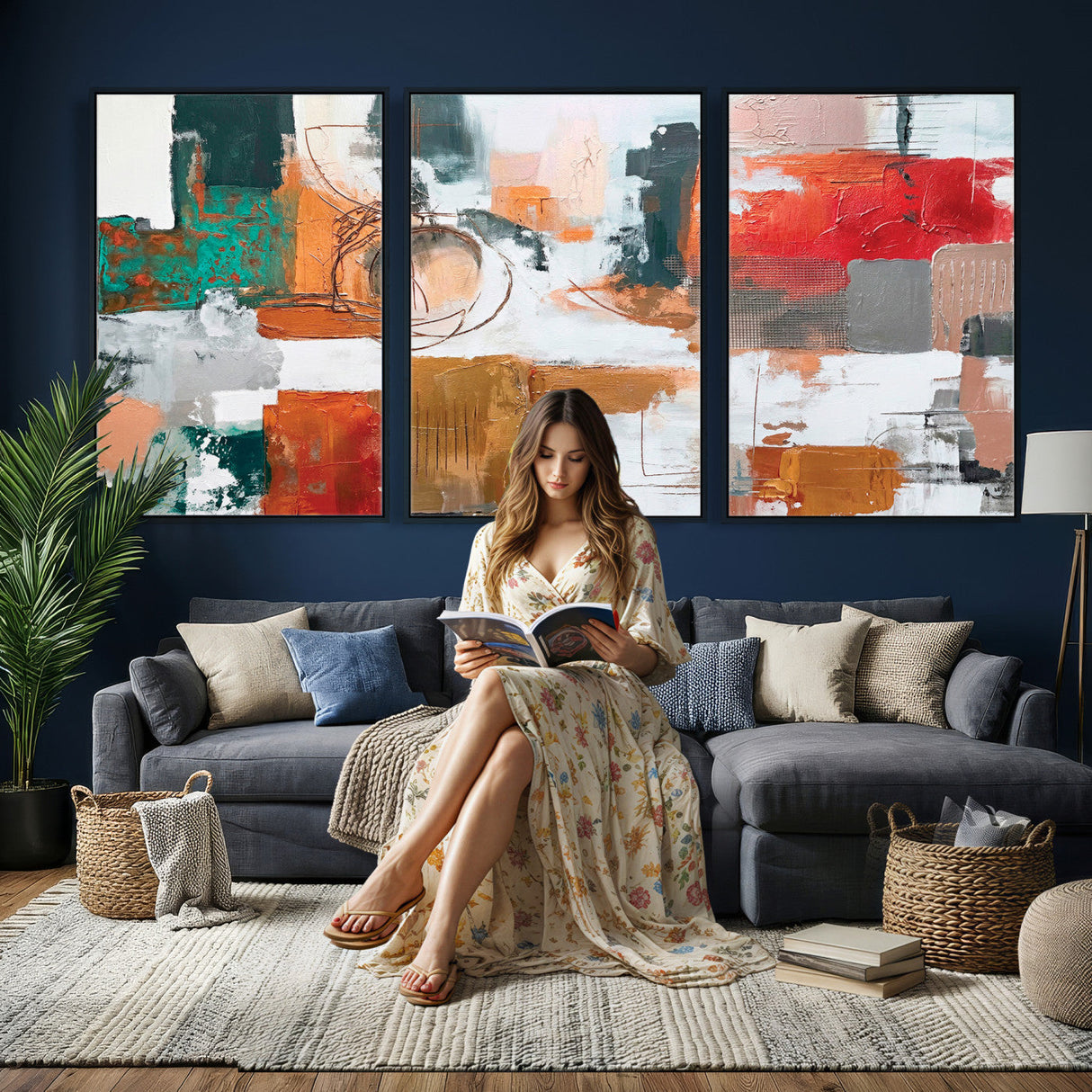 Blue Teal Abstract Canvas Wall Art, Modern Textured Painting Print, Navy Orange White Contemporary Art, Neutral Living Room Decor, Office Art