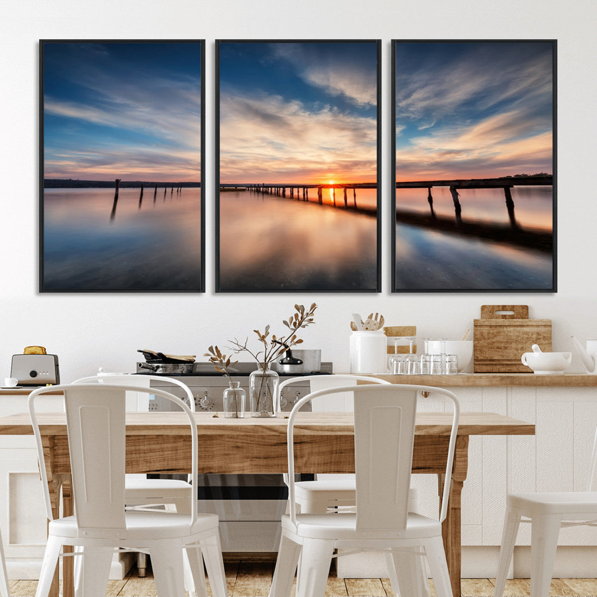 Wooden Pier on Seascape and Sunset Wall Art Canvas Print
