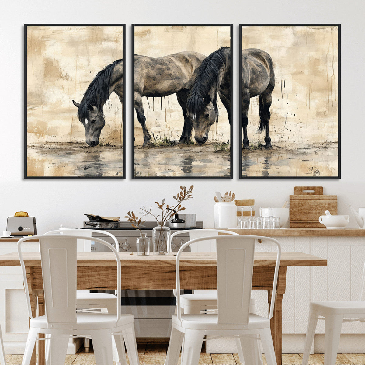 Chinese Style Abstract Black Horses Wall Art Canvas Print -