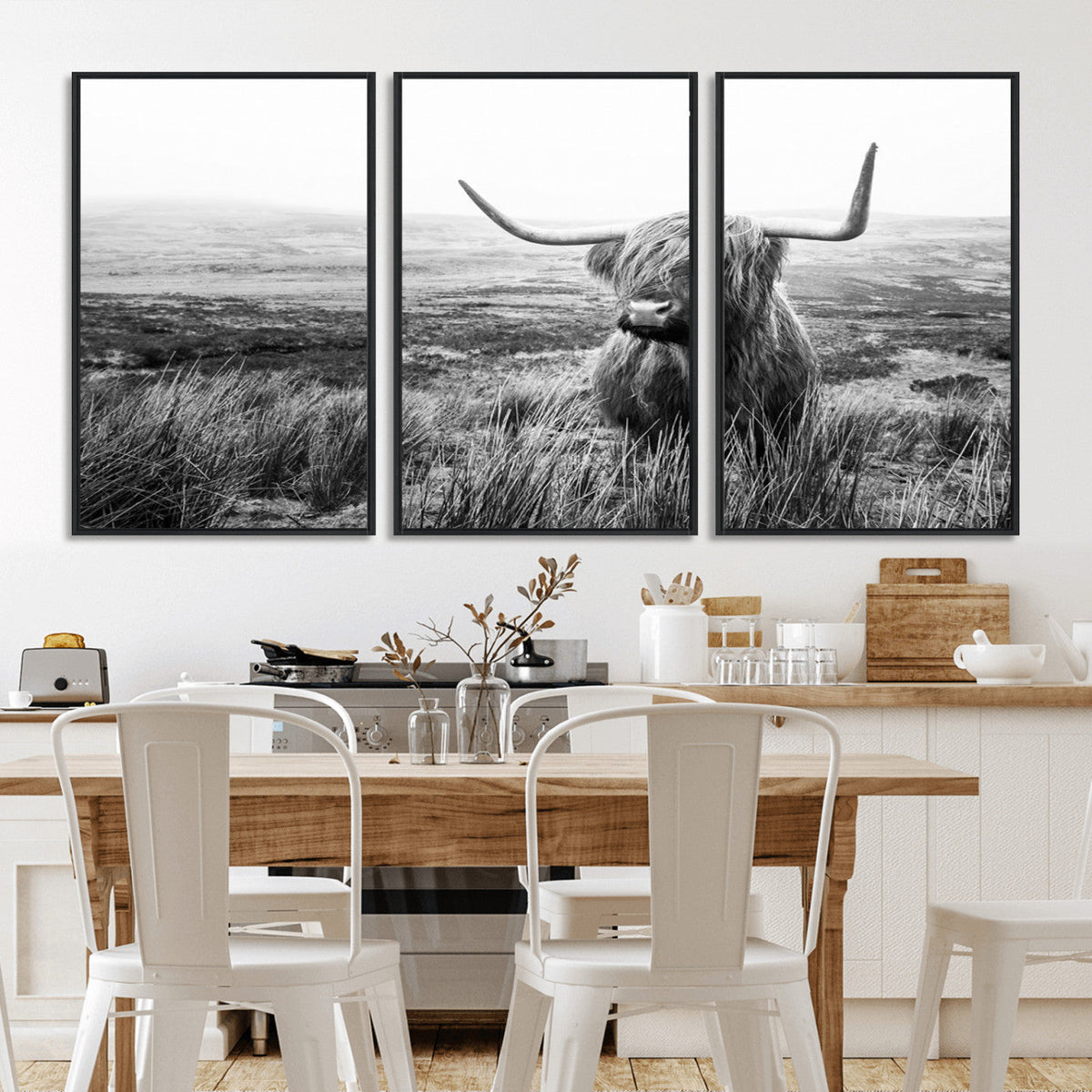 Scottish Highland Cow Wall Art | Black and White Canvas