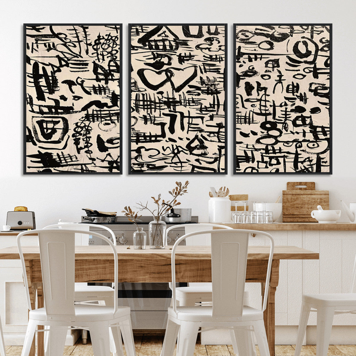 Abstract Love and Chaos Canvas Print, Black Symbols on Beige