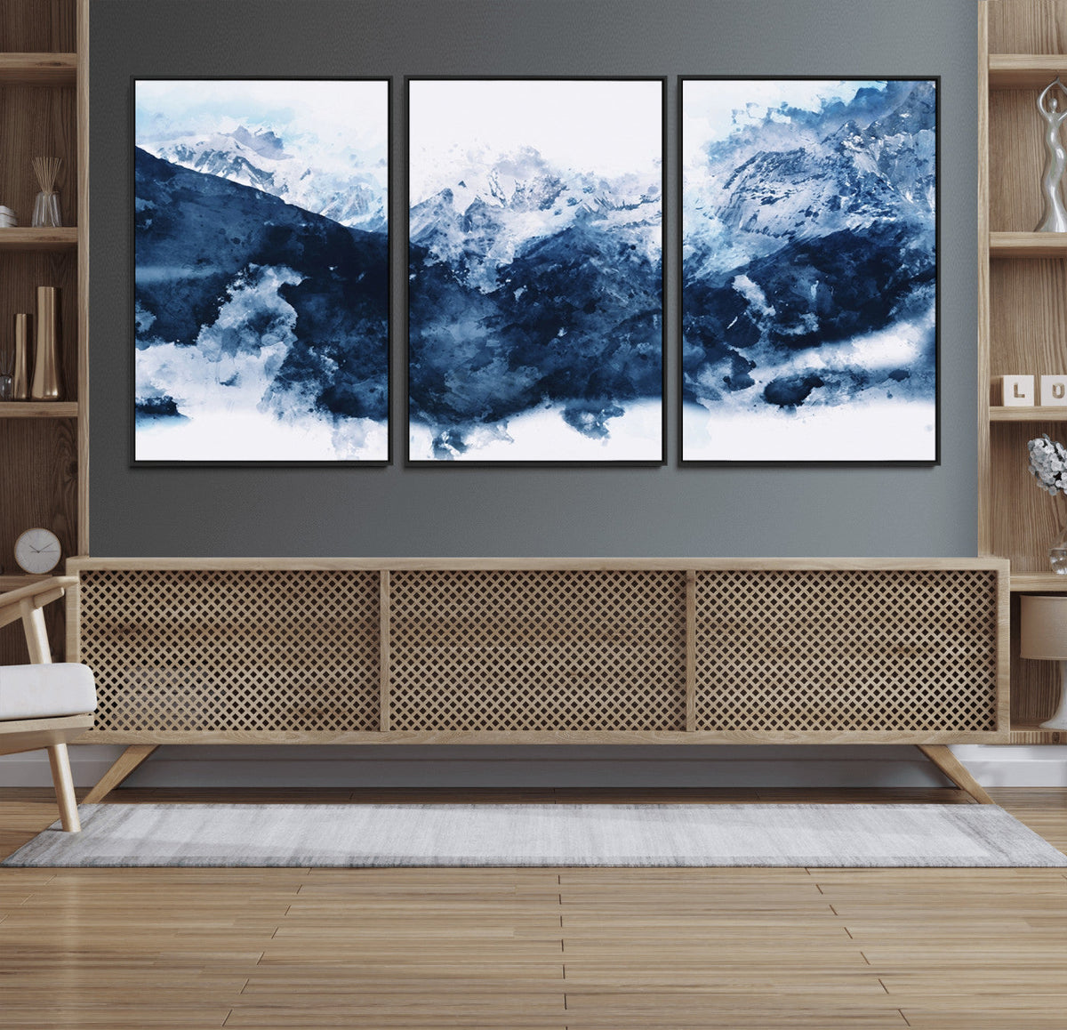 Abstract Blue Mountain Canvas Wall Art – Modern Triptych