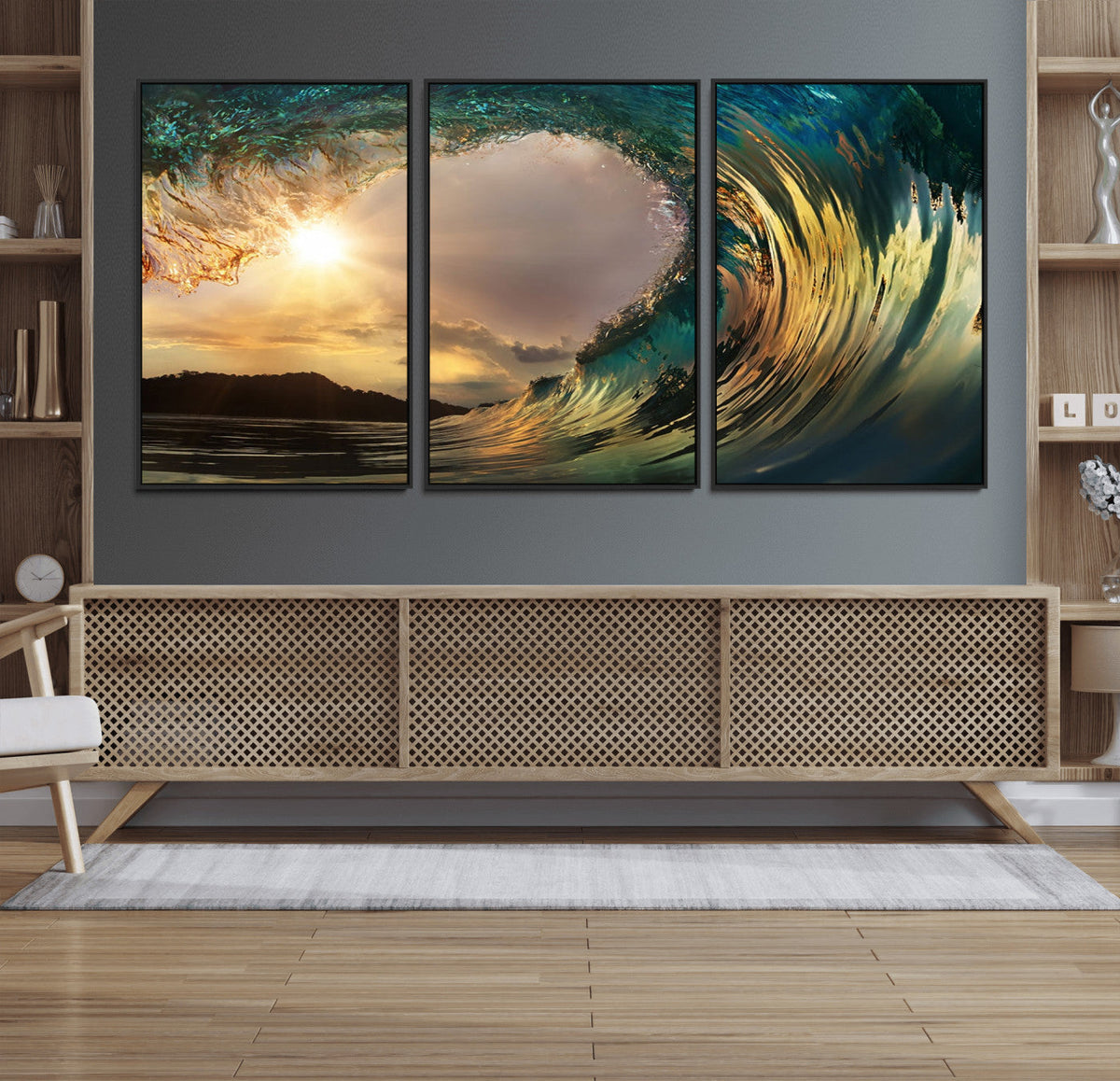 Golden Wave Sunset Canvas Print – Large Coastal Wall Art for