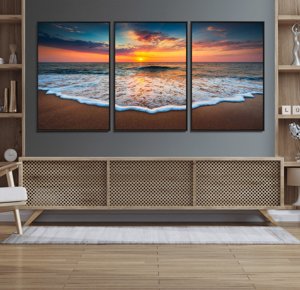 Sunset Beach Canvas Wall Art – Colorful Ocean Waves Triptych