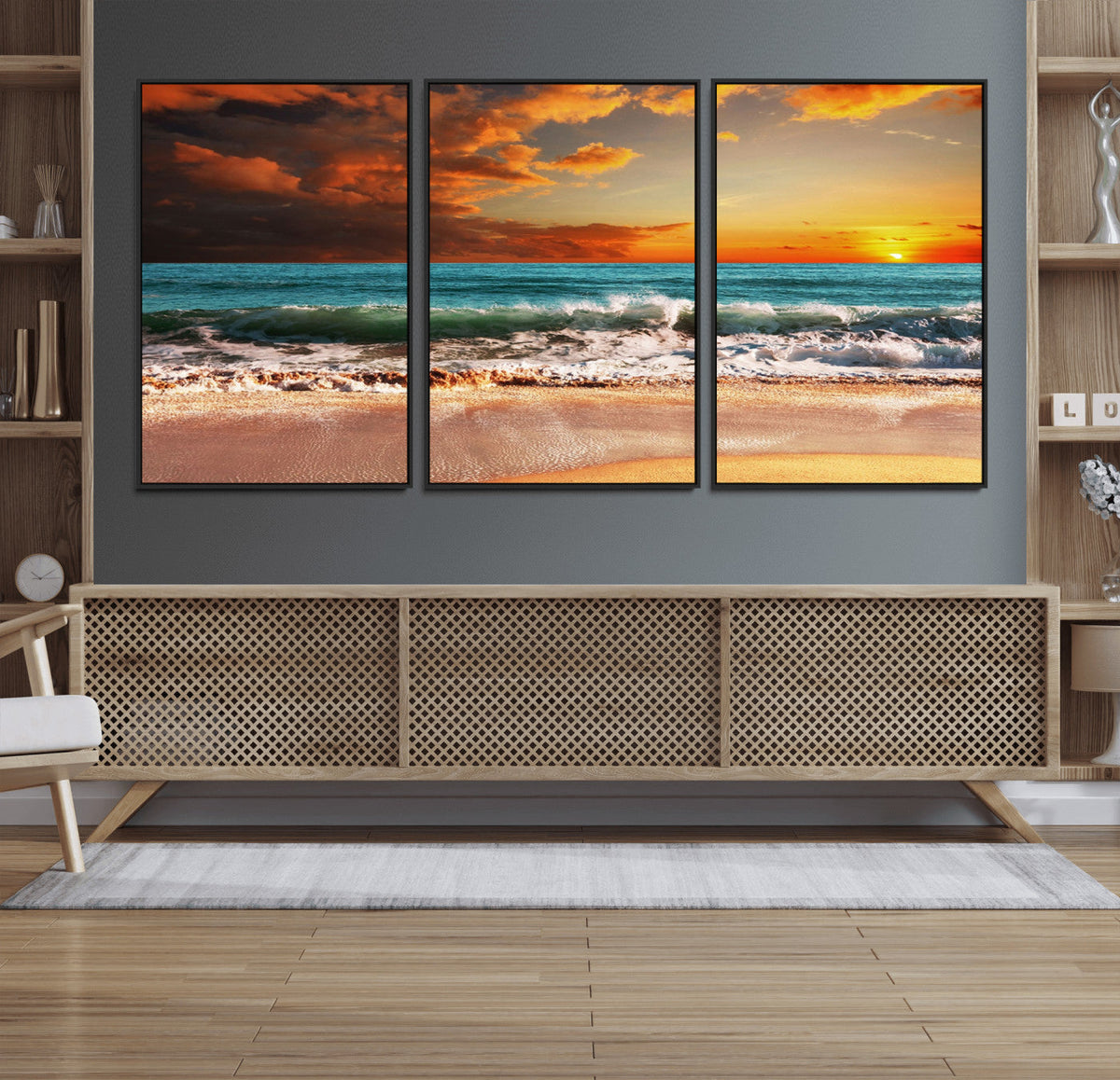 Golden Sunset Beach Canvas Wall Art – Triptych Seascape