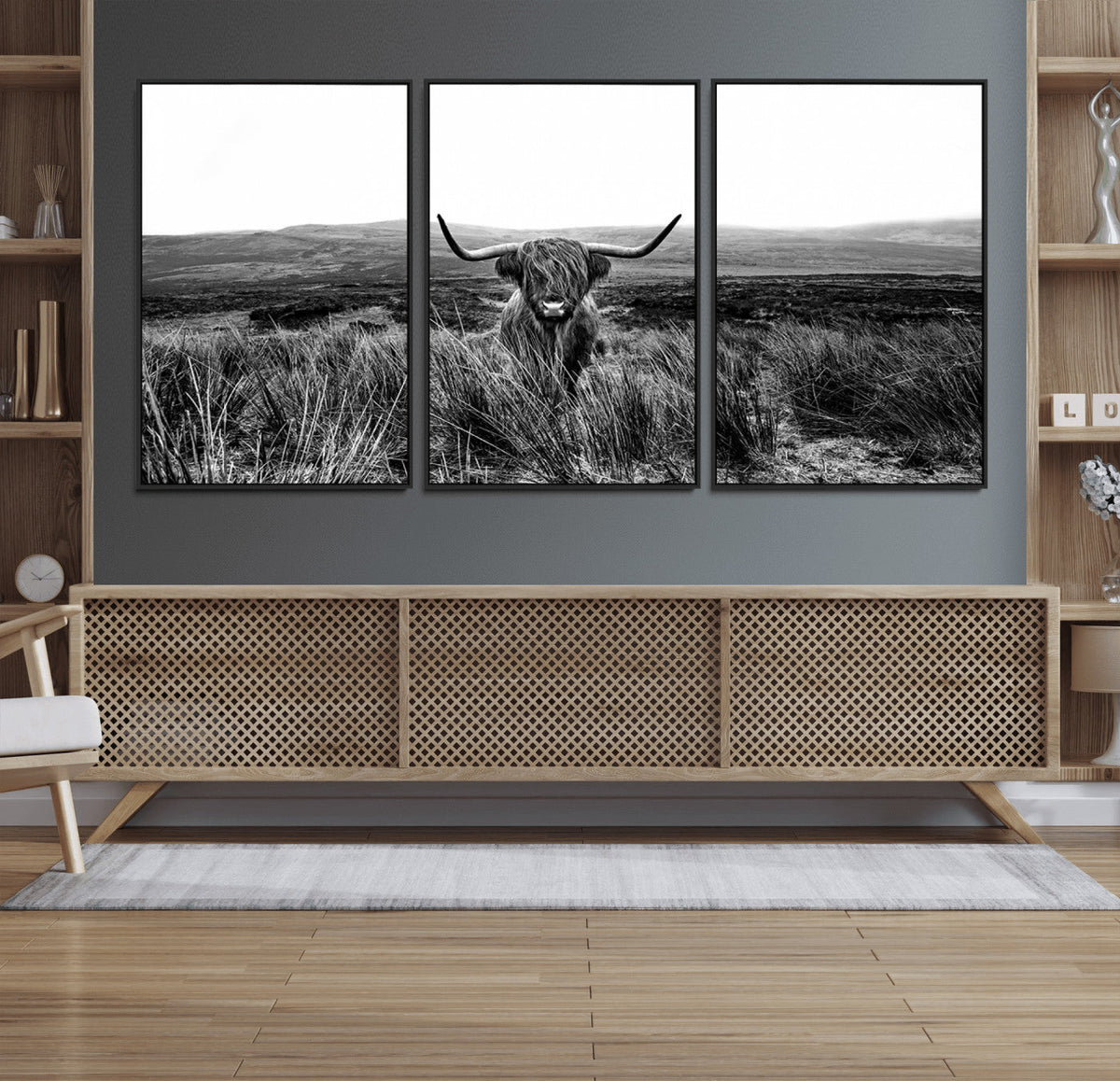 Black and White Highland Cow Canvas Wall Art, Longhorn
