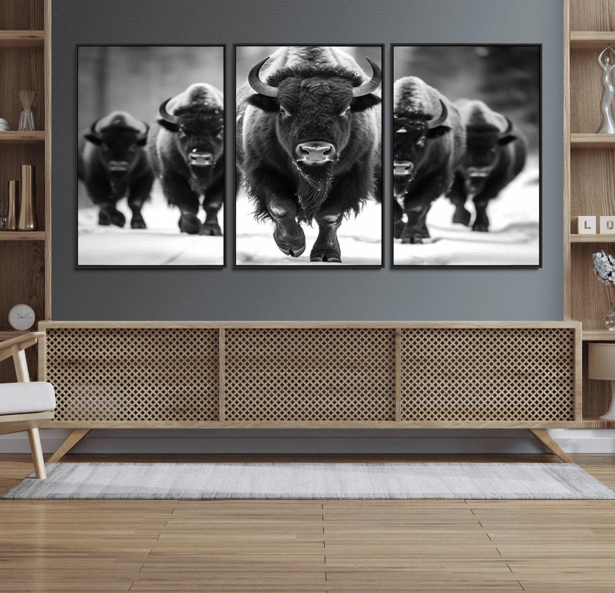 American Bison Art | Buffalo Herd Wall Art Canvas Print, BW