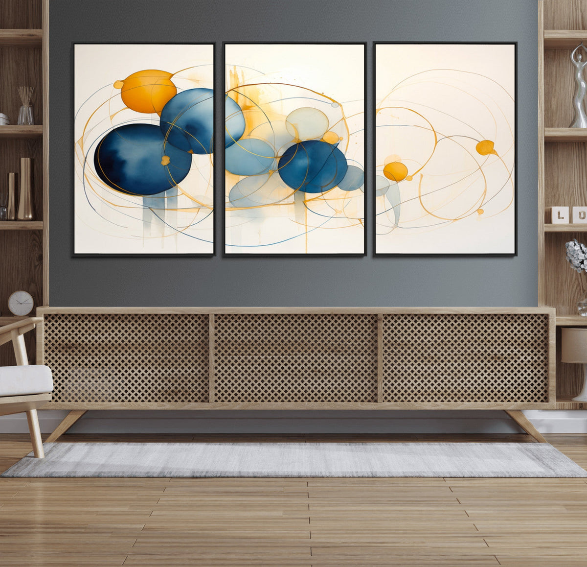 Geometric Blue Orange Abstract Wall Art Canvas, Geometric