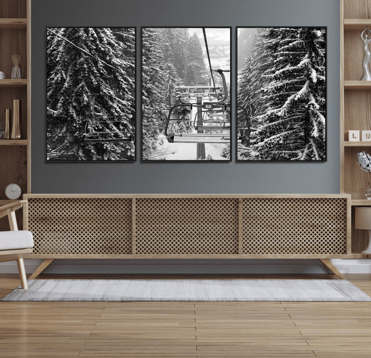 Winter Ski Lift Black and White Canvas Wall Art – Alpine