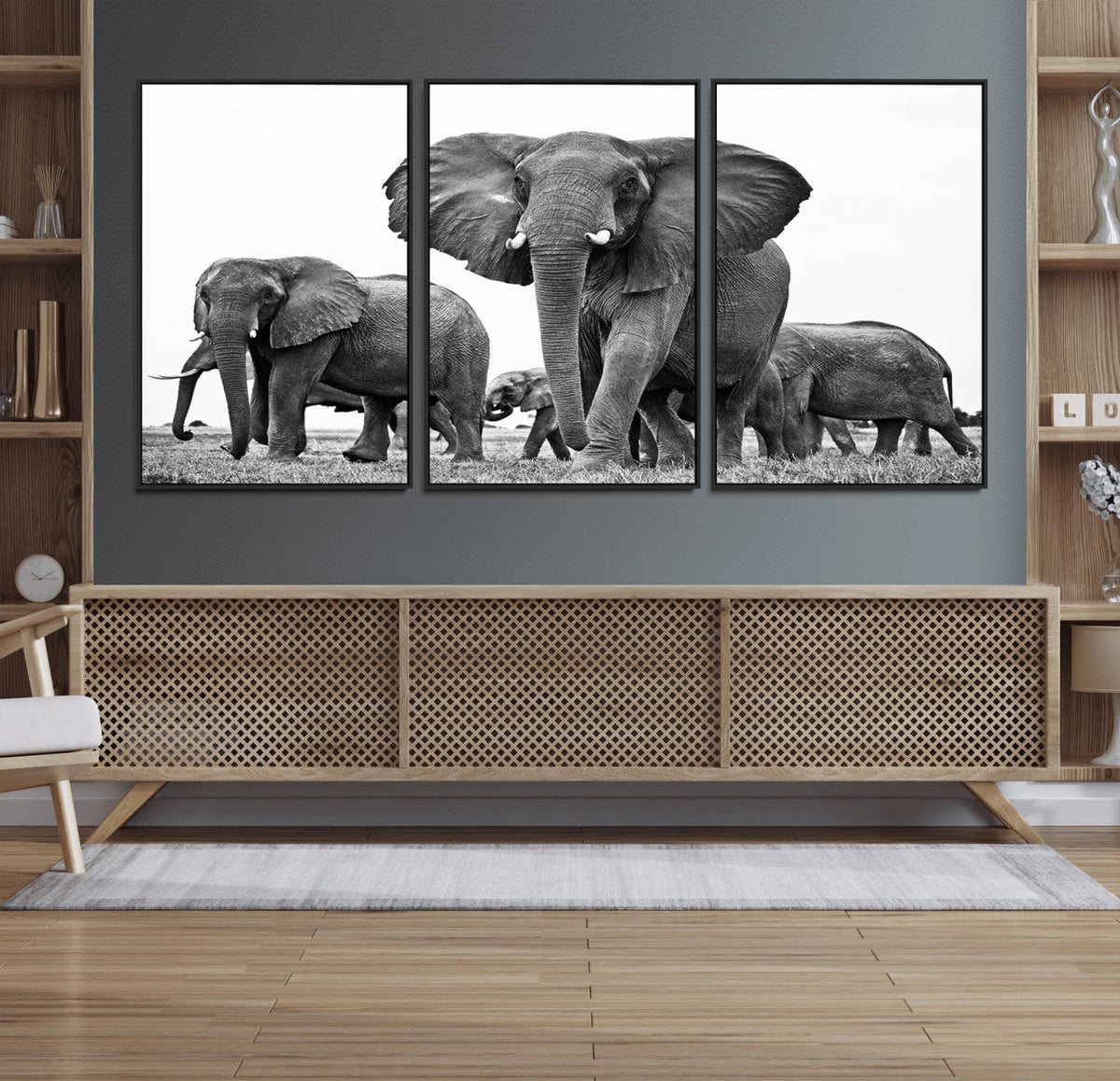 Black White Elephant Family Wall Art Canvas Print