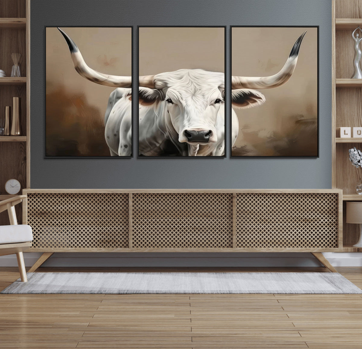 White Longhorn Bull Wall Art Canvas Print – Framed and Ready