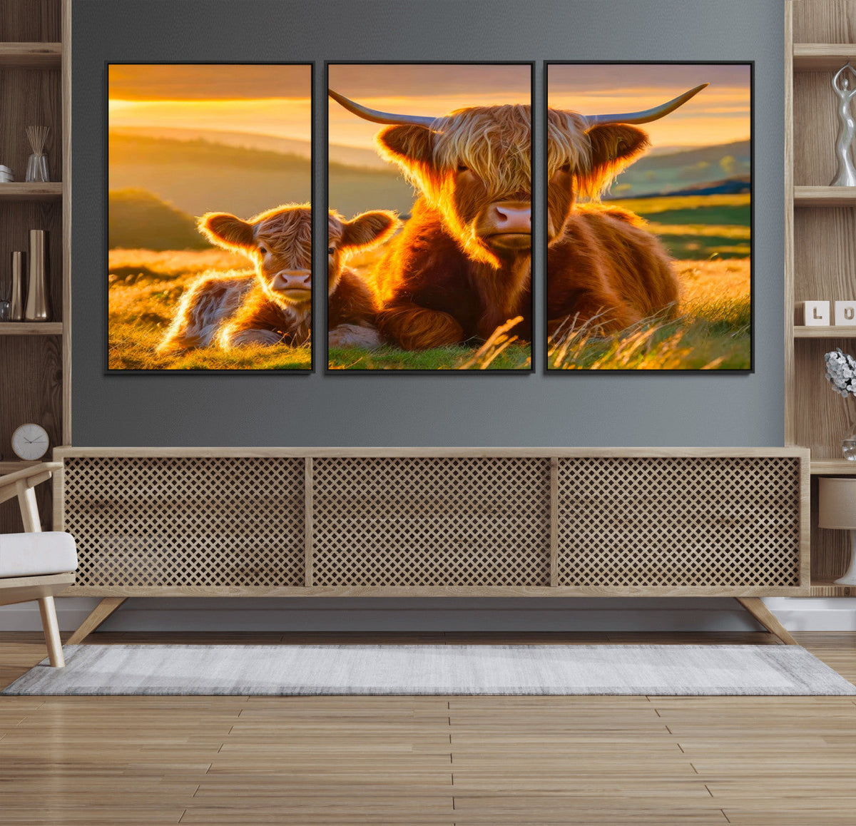 Scottish Cow and Baby Cow Canvas Wall Art Animal Print