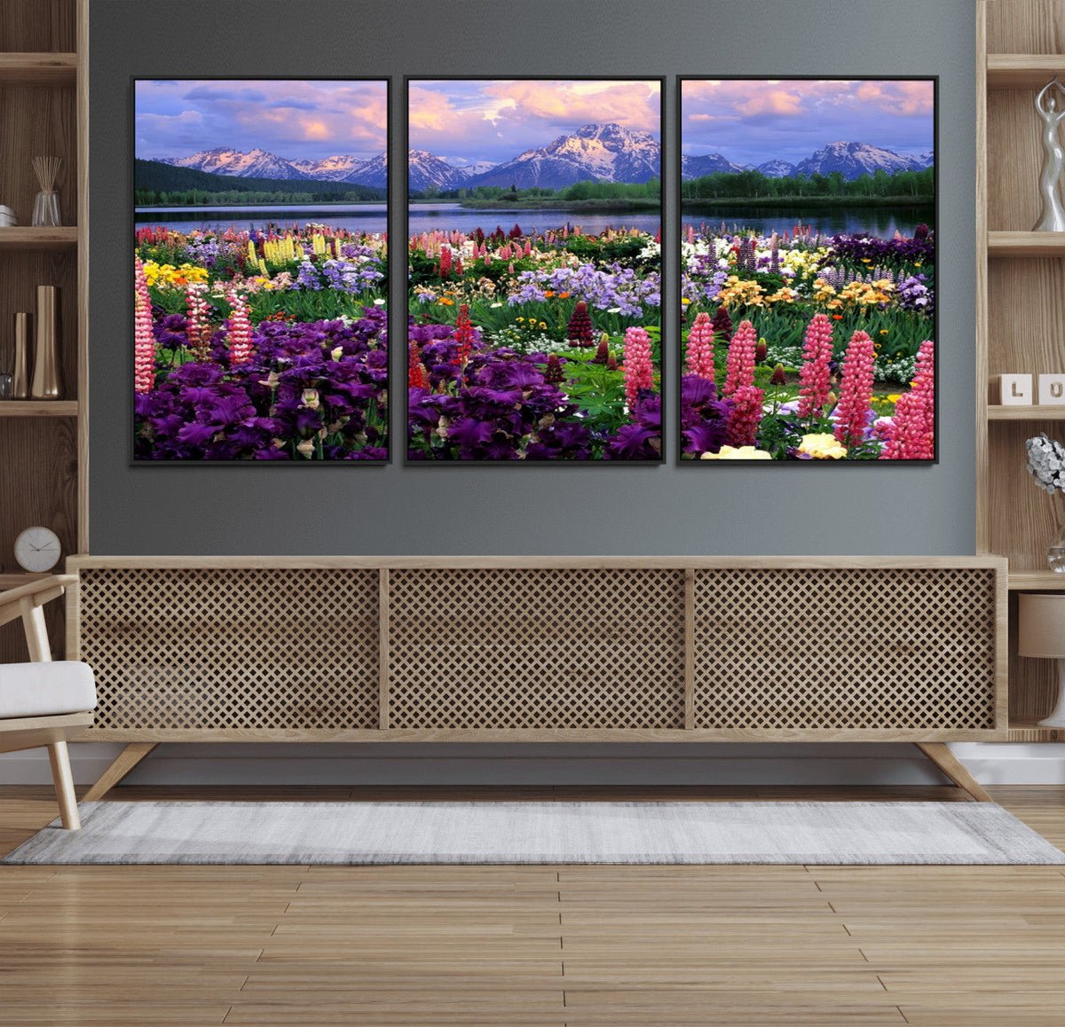Vibrant Wildflower Garden and Mountain View Giclee Canvas