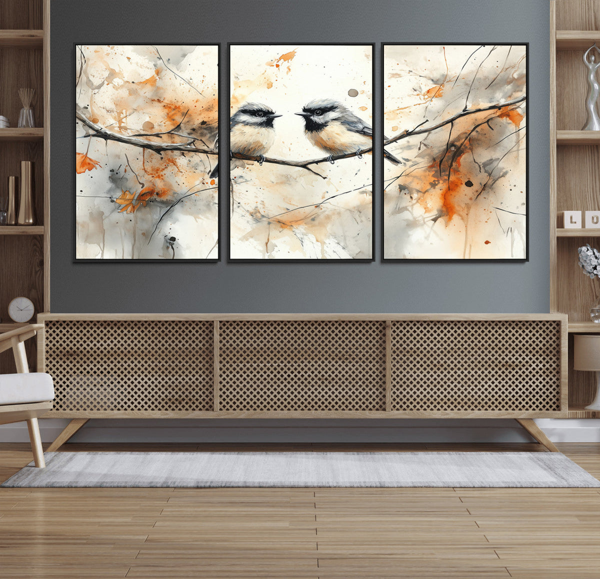 Abstract Watercolor Chickadee Bird Canvas Wall Art Print -