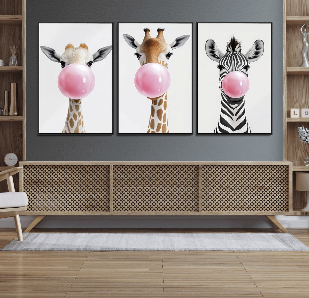 Bubblegum Animals Canvas Wall Art - Playful Giraffe and