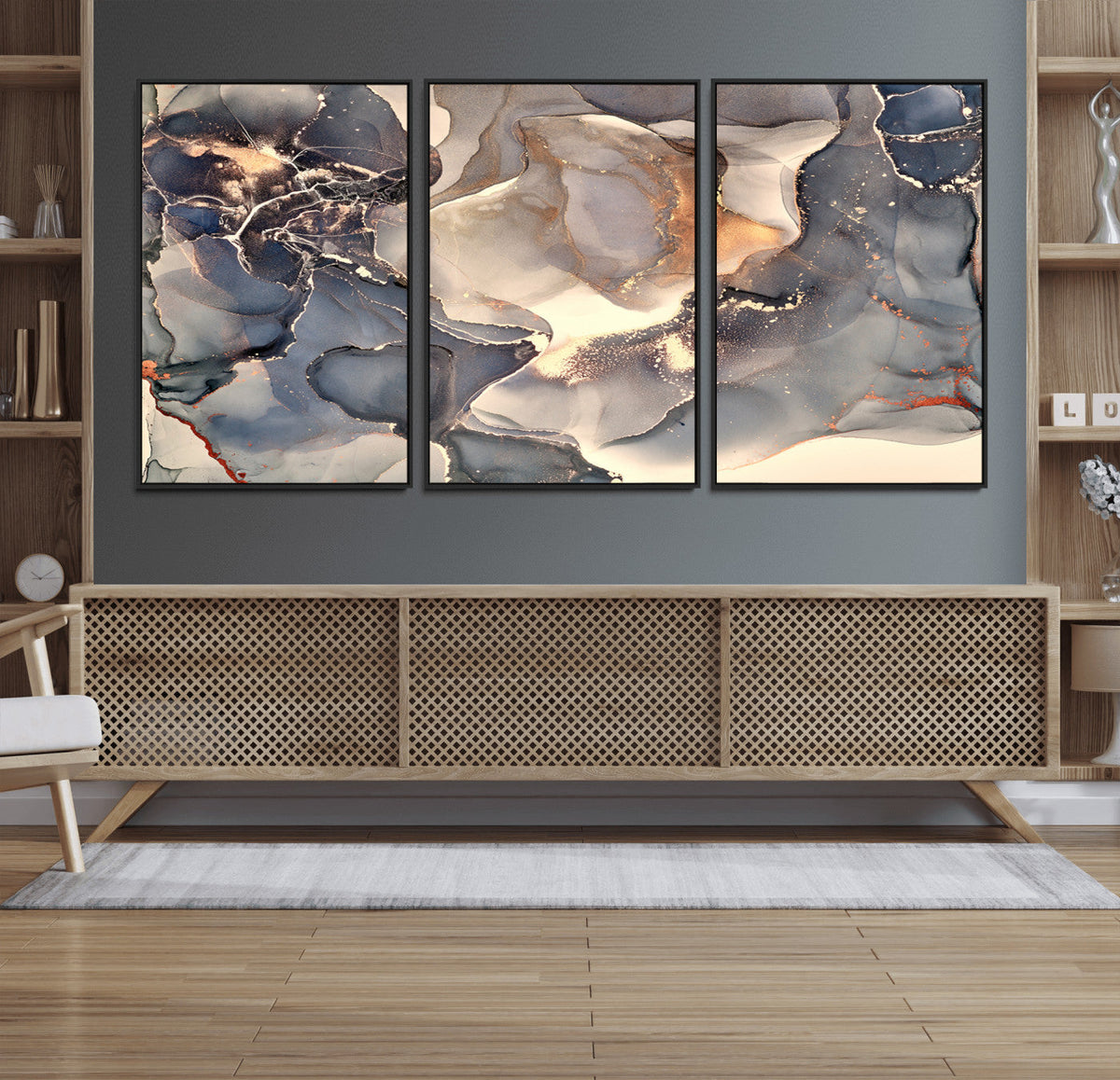 Abstract Blue and Gold Wall Art - Fluid Ink Artwork - Modern