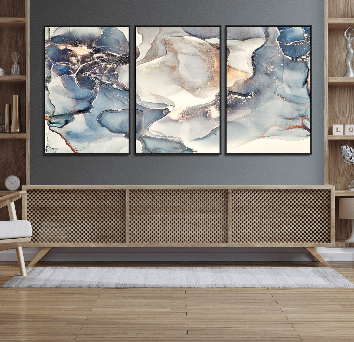 Abstract Blue and Gold Canvas Wall Art - Fluid Modern Ink