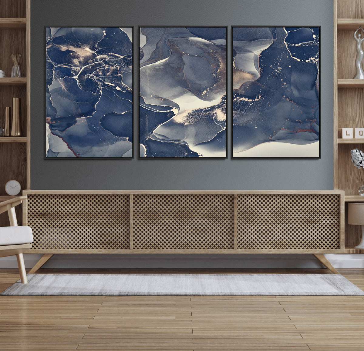 Large Abstract Blue and Gold Canvas Wall Art Fluid Ink