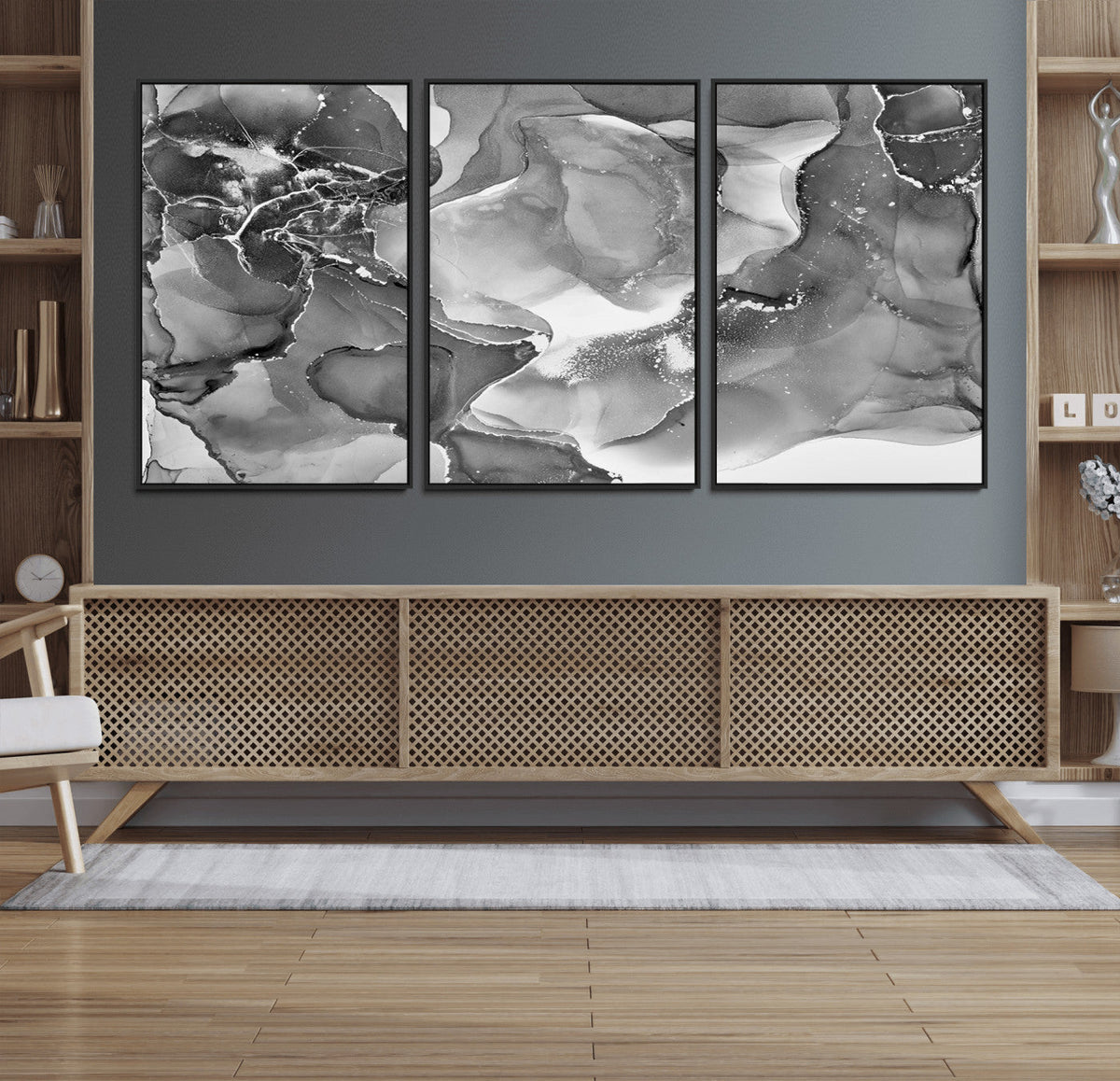 Black White Abstract Canvas Wall Art - Fluid Ink Artwork -