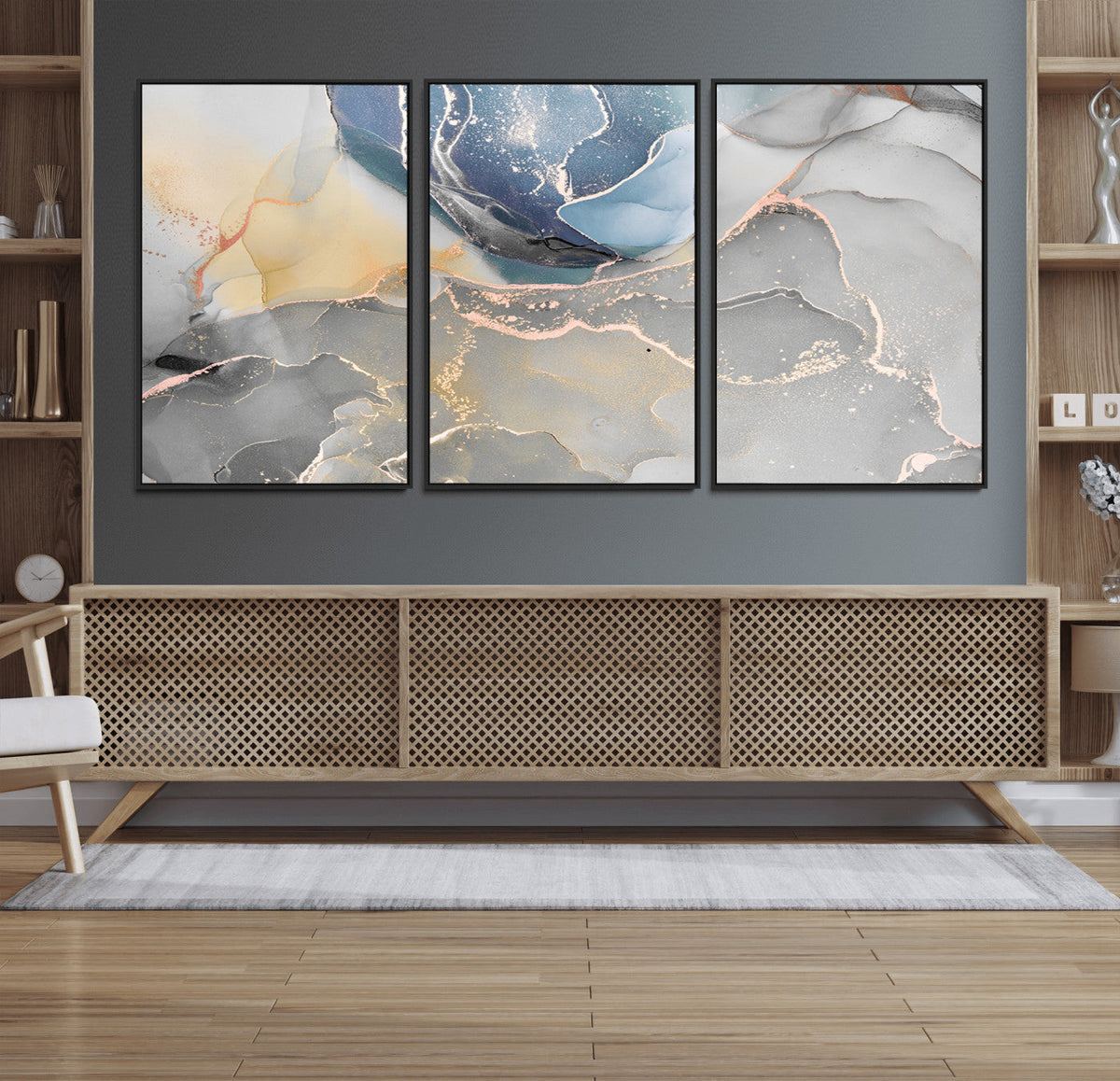 Large Abstract Blue and Gold Canvas Wall Art | Fluid Ink
