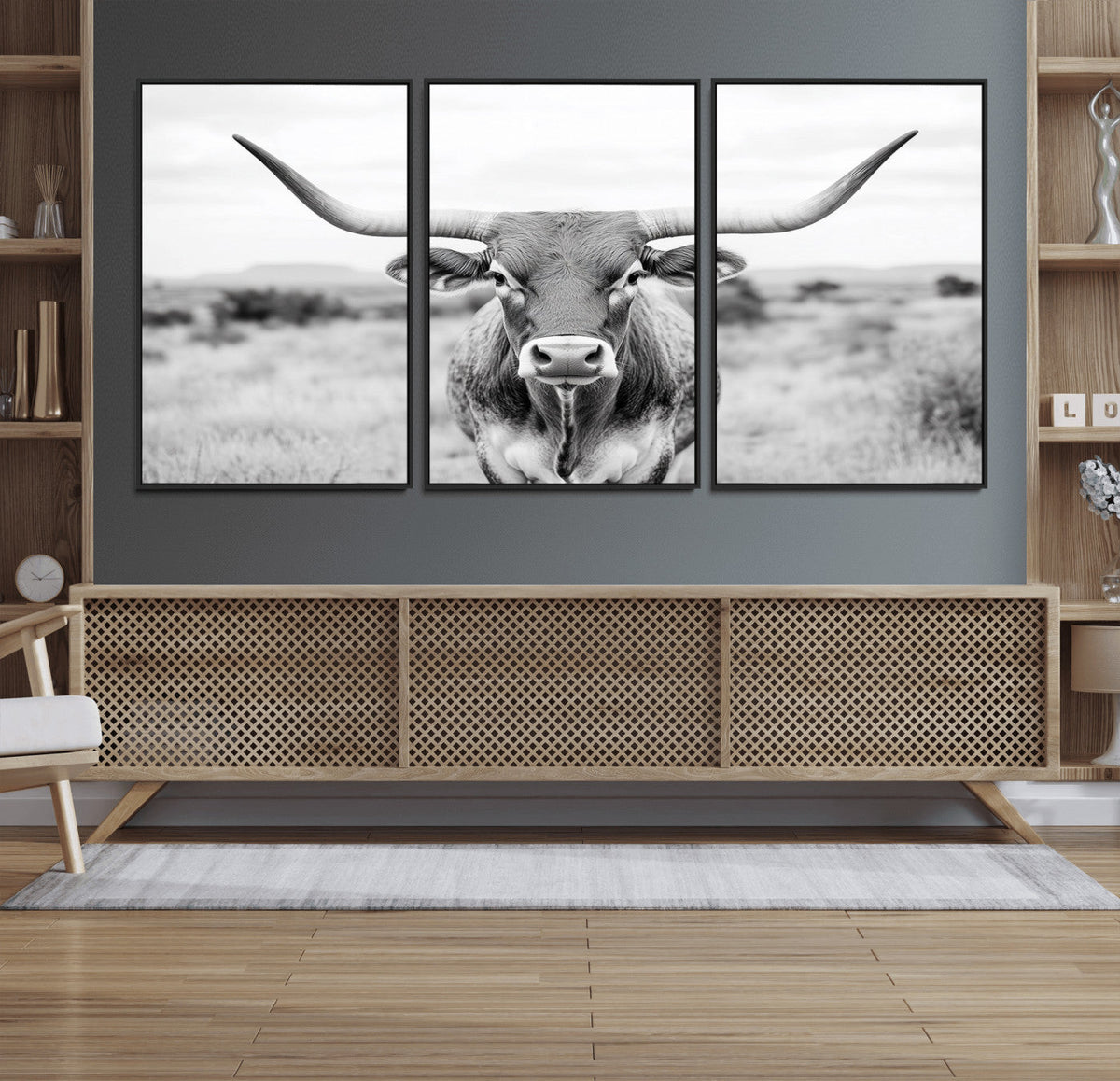 Highland Cow Wall Art Canvas Print – Black and White Western