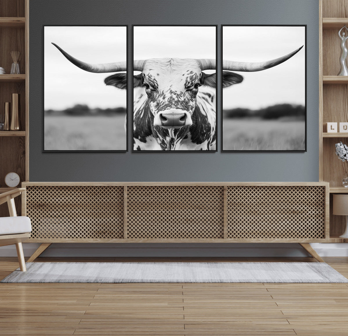 Highland Cow Wall Art Canvas Print – Black and White Western