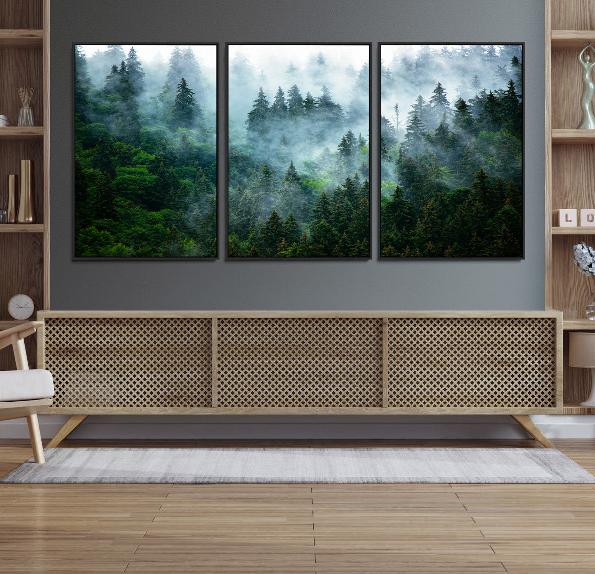 Misty Forest Wall Art Canvas Print – Framed Foggy Mountain