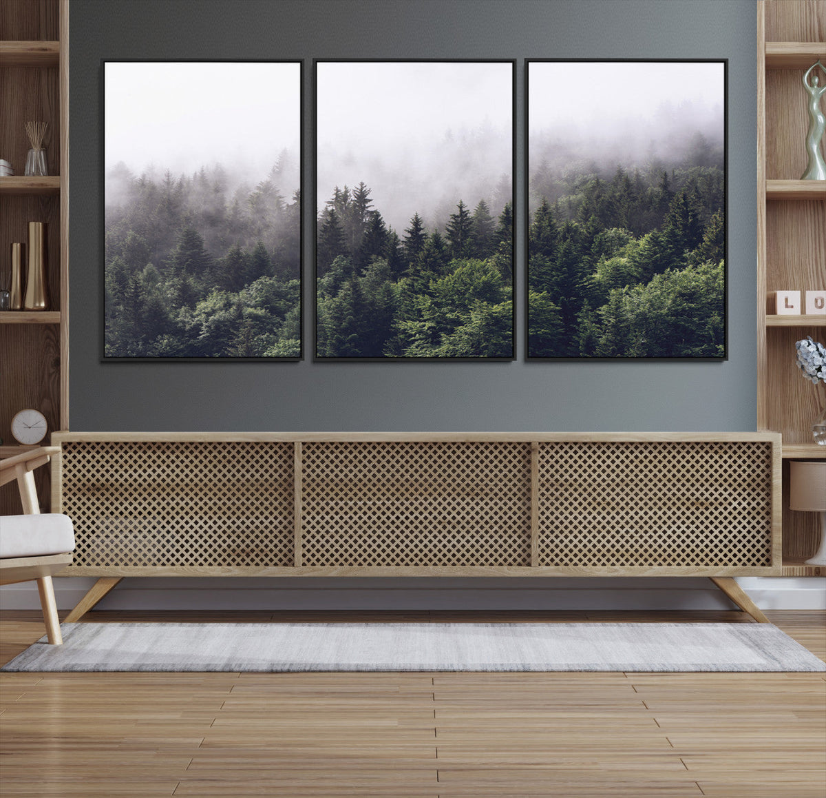 Misty Forest Wall Art Canvas Print, Serene Foggy Pines and
