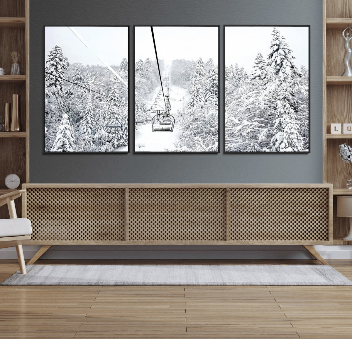 Snowy Ski Lift Wall Art – Framed Winter Mountain Canvas