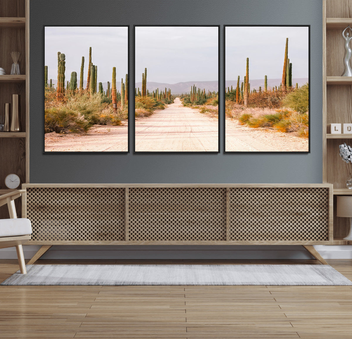 Desert Cactus Lined Road Wall Art Canvas Print – Framed