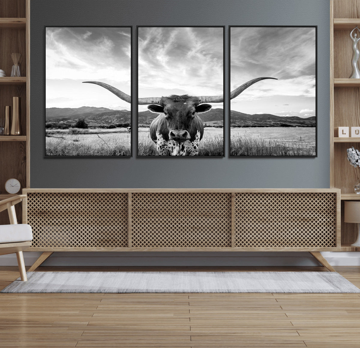 Longhorn Black and White Wall Art – Rustic Western Bull