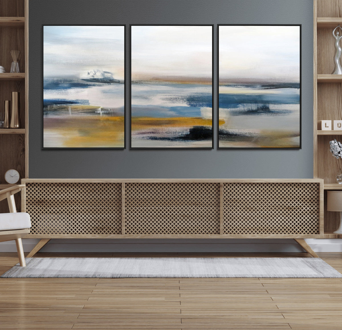 Abstract Landscape Wall Art Canvas | 3 Panel Modern Blue,