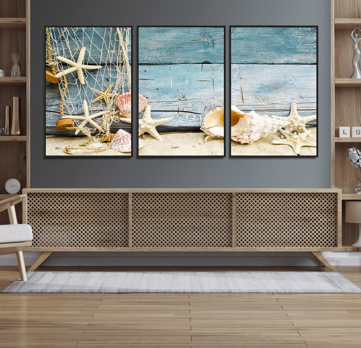 Seashells on Rustic Wooden Background, Seashells Wall Art