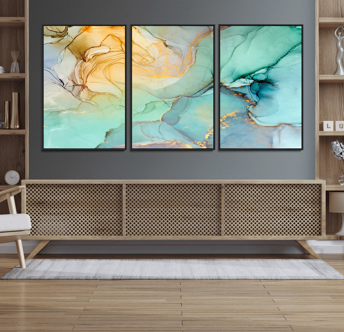 Abstract Aqua and Gold Fluid Wall Art Canvas | 3 Panel Large