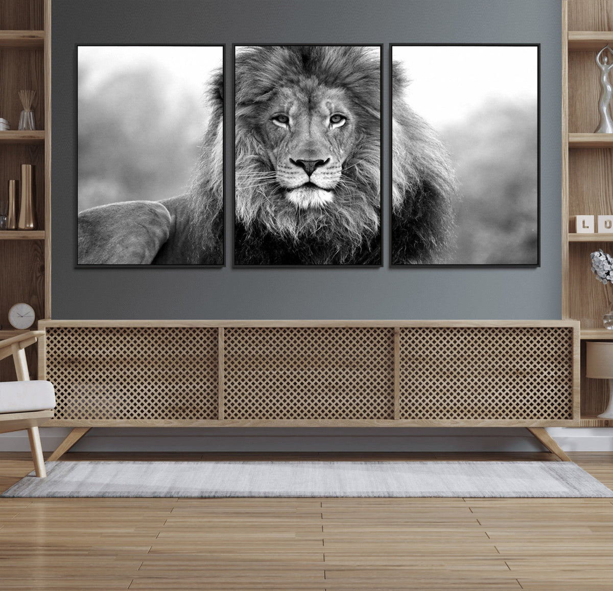 Black and White Lion Canvas Wall Art – Animal Print Artwork