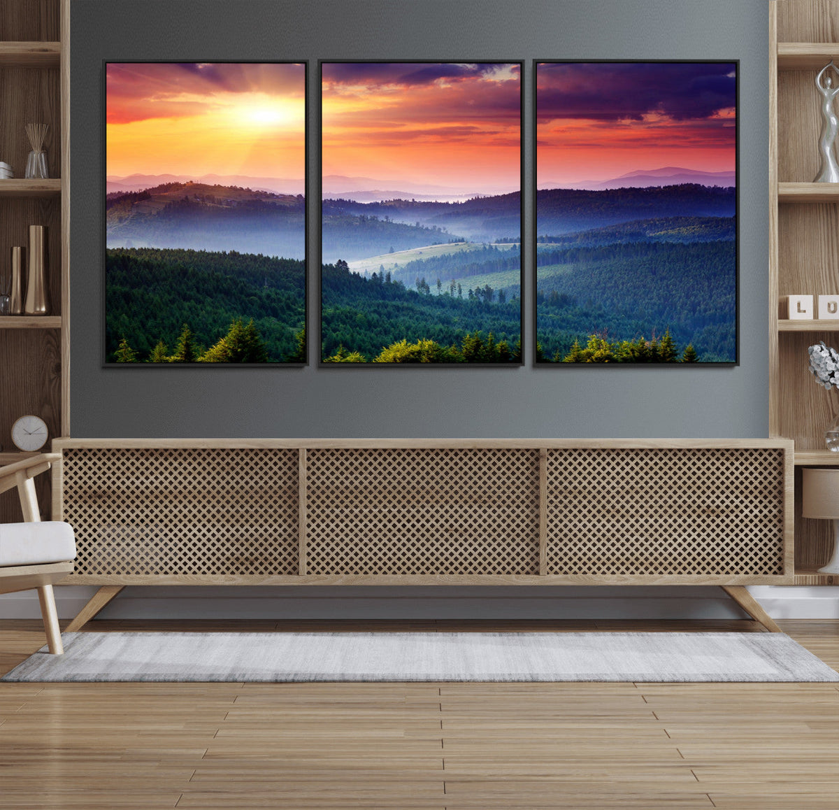 Beautiful Sunset over Hills Forest Landscape Canvas Wall Art
