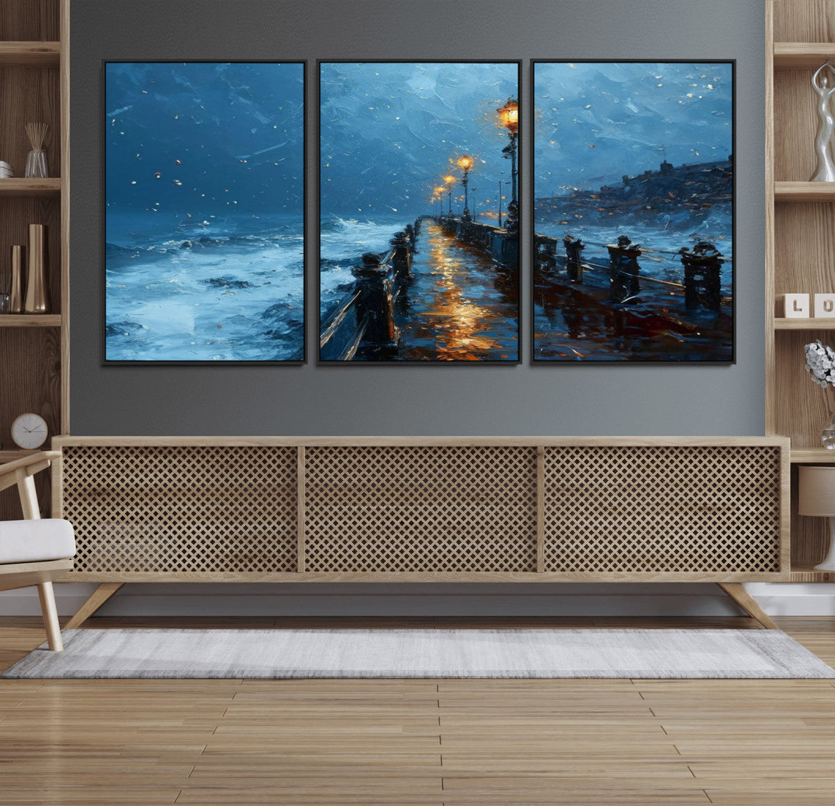 Stormy Night at Beach Pier Oil Painting Large Wall Art
